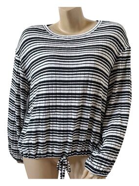 Mudd Striped Top Womens XL Black White Ribbed Knit Long Sleeve Drawstring Hem